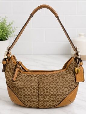 Coach Vintage ‘04 Mini Soho Hobo Bag, Tan Brown Signature Jacquard Leather Trim